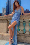 Blue Sequin Slit Spaghetti Straps Mermaid Prom Dress With Side