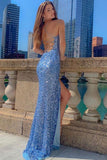 Blue Sequin Slit Spaghetti Straps Mermaid Prom Dress With Side