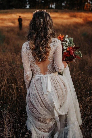 Unique Long Sleeve Boho Wedding Dresses Lace Bohemian Backless Wedding Gowns N2008
