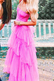 Hot Pink Fashion Layered Ruffles Evening Gown A Line Tulle Long Prom Dress