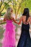Hot Pink Fashion Layered Ruffles Evening Gown A Line Tulle Long Prom Dress