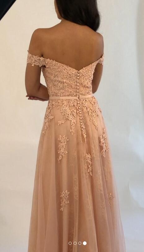 Off Shoulder Formal Evening Dress Tulle Long Prom Dress With Applique and Beading