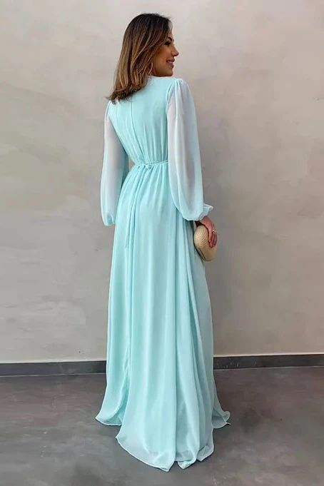 A-Line V-Neck Long Sleeves Long Chiffon Prom Dress With Split