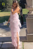 Ruffles Chiffon Fashion Halter Long Party Dress Tulle Prom Dress With Split