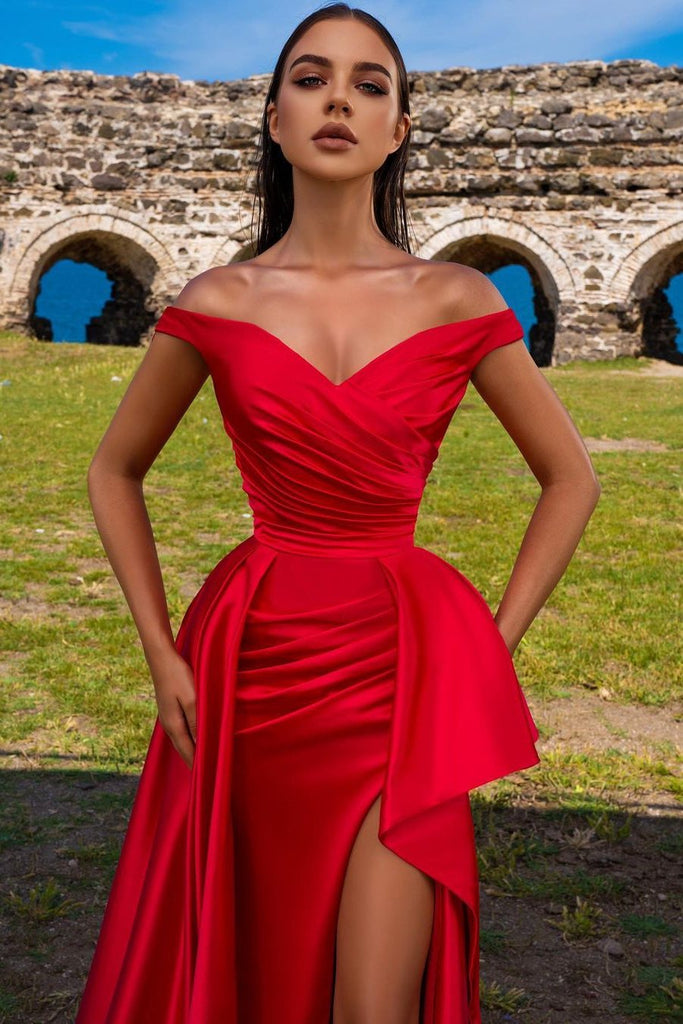 Red Unique Off-The-Shoulder Mermaid Prom Dress With Split PD0609