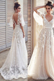Ivory V Neck Beach Wedding Dresses with Lace Appliques, Romantic Backless Bridal Dresses N2372
