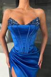 Royal Blue V Neck Mermaid Prom Dress Split With Sequins PD0443