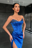 Royal Blue V Neck Mermaid Prom Dress Split With Sequins PD0443
