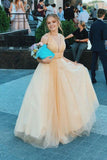 Pearls Elegant A-Line V Neck Tulle Evening Party Dress Long Prom Dress