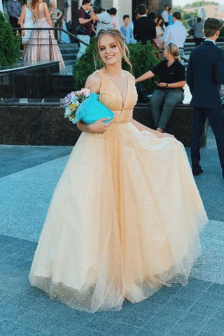 Pearls Elegant A-Line V Neck Tulle Evening Party Dress Long Prom Dress