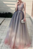 V Neck Tulle A-Line Beaded Elegant Sleeveless Long Prom Dress
