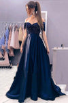 A-Line Rhinstone Off the Shoulder Dark Navy Long Prom Dress Evening Party Gowns