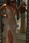Spaghetti Straps V Neck Mermaid Evening Dress Prom Dress With Split