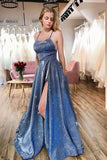 Blue A-Line Spaghetti Straps Sparkly Graduation Dress With Split Long Prom Dress