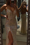 Sparkly Sequins Spaghetti Straps Long Formal Evening Gown Mermaid Prom Dress With Split