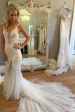 Mermaid Lace Deep V-neck Sleeveless Long Tulle Beach Wedding Dress,Bridal Gown,N527