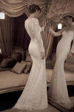Vintage Ivory Trumpet Long Sleeves Lace Long Beach Wedding Dress Lace Prom Gown N544