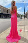 Sparkly Hot Pink Mermaid Sequined Evening Gown Sleeveless Long Prom Dress With Split