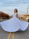 White Sequins A-Line V-Neck Shiny Formal Evening Dress Long Prom Dress