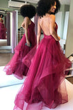 Burgundy Backless Maroon Shiny V-Neck Formal Evening Dress Prom Dress