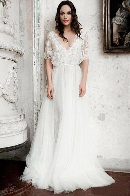 Boho Wedding Dress Floor Length V Neck Long Rustic Wedding Gown Bridal Dress N2055