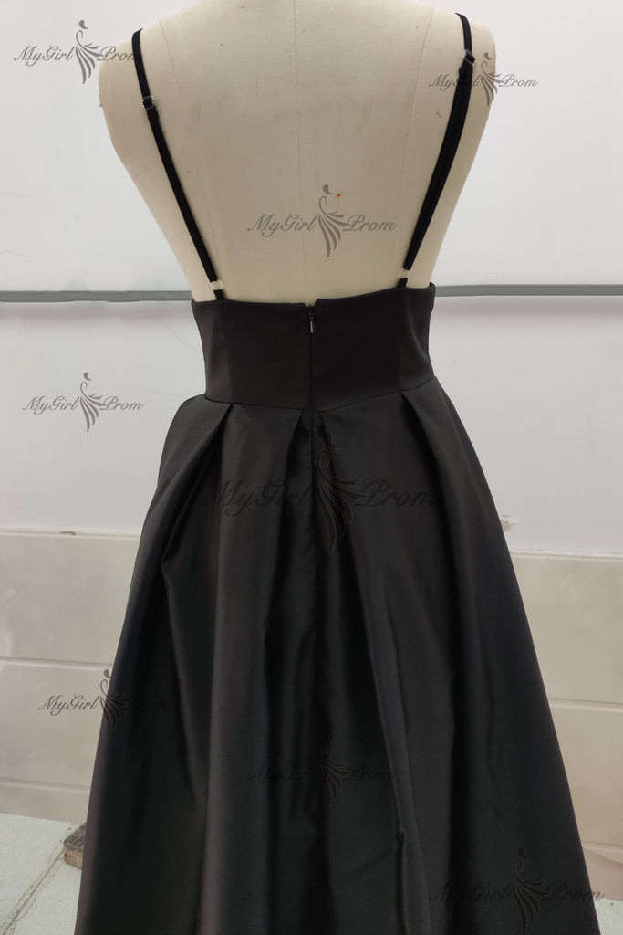 Black Satin Formal A Line V Neck Evening Dress With Pockets Long Prom Dress