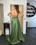Green Spaghetti-Straps Split Floor Length Pocket Long Prom Dress PD022