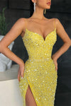 Mermaid Yellow Sweep Train Spaghetti-Straps Split Sequins Prom Dress PD0558