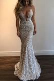 Spaghetti Straps Deep V-neck Sleeveless Mermaid Long Wedding Dresses,Prom Dress,N626