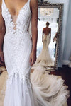 White Deep V neck Backless Mermaid Sleeveless Lace Tulle Long Beach Wedding Dress,N536