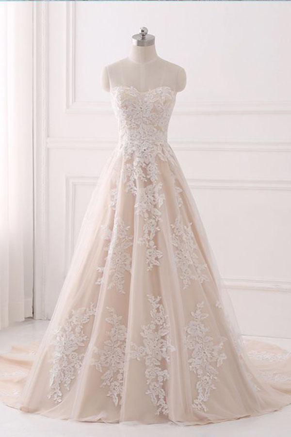 A Line Sweetheart Tulle Wedding Dress with Appliques,Strapless Prom Dresses N822