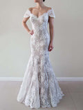 Mermaid Off-the-shoulder Trumpet Tulle Appliques Lace Beach Wedding Dress N656
