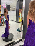 Grape V-Neck High Slit Sequins Formal Graduation Evening Dress Long Prom Dress