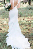 Simple Mermaid White V Neck Backless Wedding Dress Bridal Dress N2023