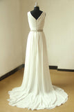 Ivory V Neck Sleeveless Pleated Slit Chiffon Summer Beach Wedding Dress With Beading N964