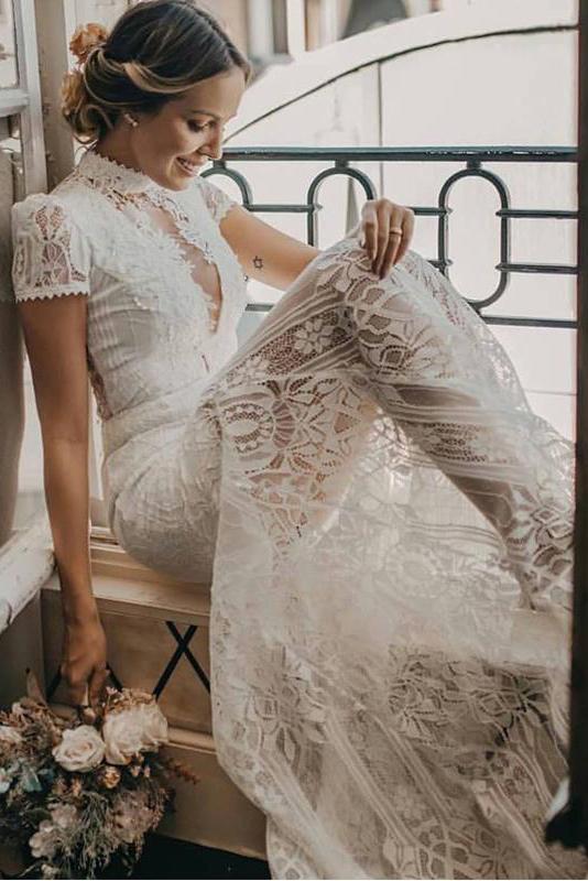 Vintage High Neck Lace Wedding Dress with Short Sleeves, See Through Bridal Dresses N1786