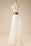 Deep V Neck Cap Sleeves White Chiffon Gold Belt Summer Beach Wedding Dress WD0106