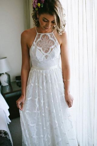 Modest Halter Lace Floor Length Wedding Dress, Beach Wedding Dress