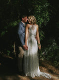 Modest Halter Lace Floor Length Wedding Dress, Beach Wedding Dress