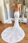 Straps Mermaid Deep V-neck Sleeveless Backless Tulle Beach Wedding Dress With Lace N526