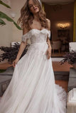 A-line Off Shoulder Lace Boho Wedding Dress With Belt N2077