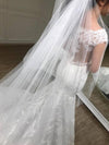 White Cap Sleeves Mermaid Court Train Tulle Wedding Dress With Lace Applique N411