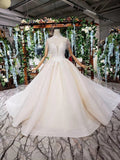 Off White High Neck Ball Gown Wedding Dress, Open Back Beaded Bridal Dress N1631
