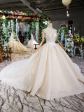 Off White High Neck Ball Gown Wedding Dress, Open Back Beaded Bridal Dress N1631