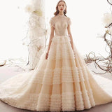 Unique High Neck Wedding Dress, Princess Short Sleeves Lace Tulle Wedding Gown N1627