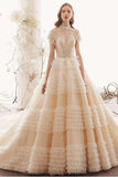 Unique High Neck Wedding Dress, Princess Short Sleeves Lace Tulle Wedding Gown N1627
