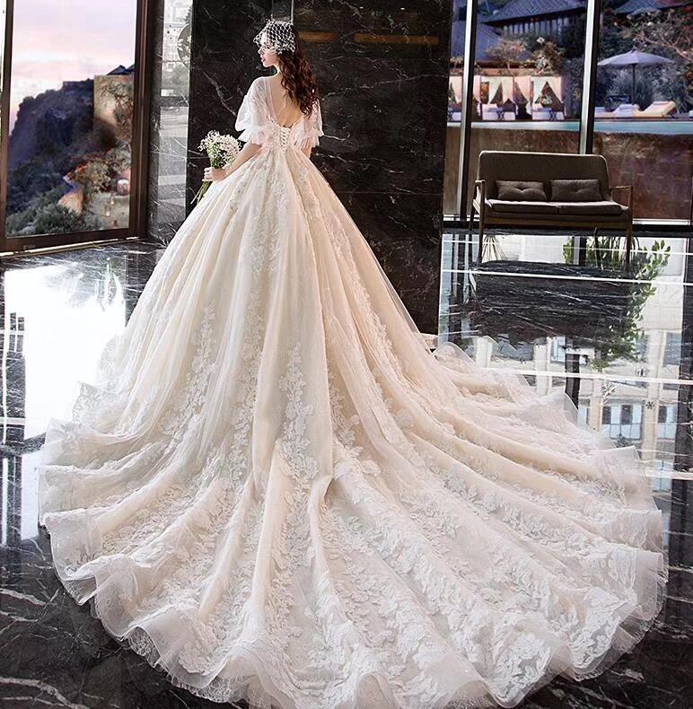 Charming Half Sleeves Ball Gown V Neck Wedding Dress,Princess Bridal Dress N1626
