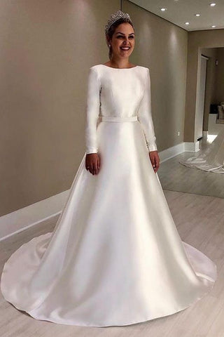 Vintage Long Sleeves Ivory Backless Simple Style Wedding Dress With Bowknot Y0021