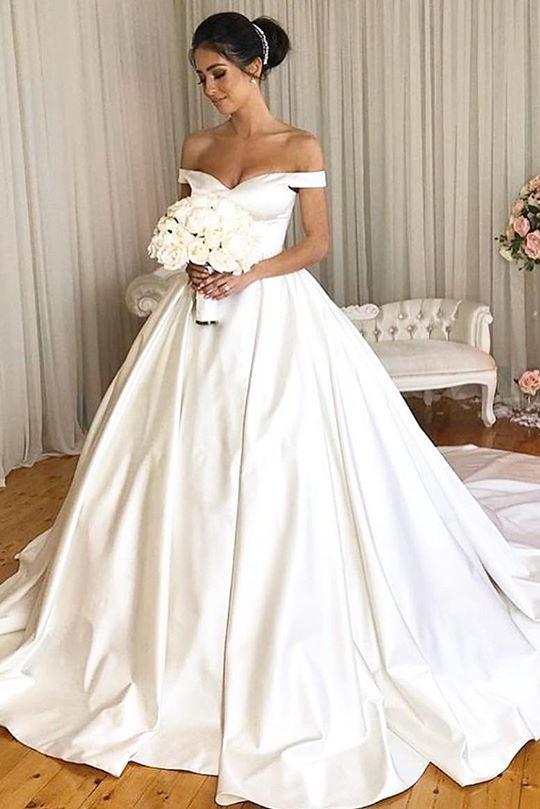 Charming Simple Style Satin Ball Gown Wedding Dress Modest Bridal Dress Y0028