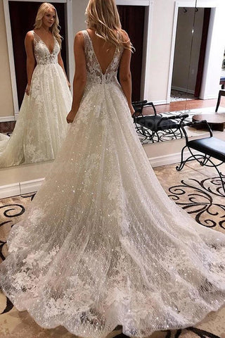 Newest V-neck Backless Ivory Saprkly Lace Wedding Dress Bridal Gowns Y0034